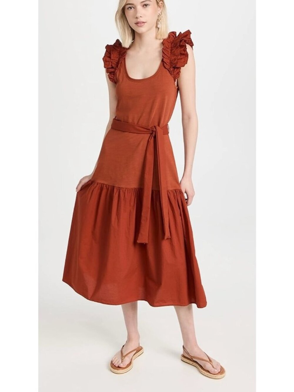 Nation LTD Everleigh Frilly Cotton Poplin Dress Burnt Orange Size Large
